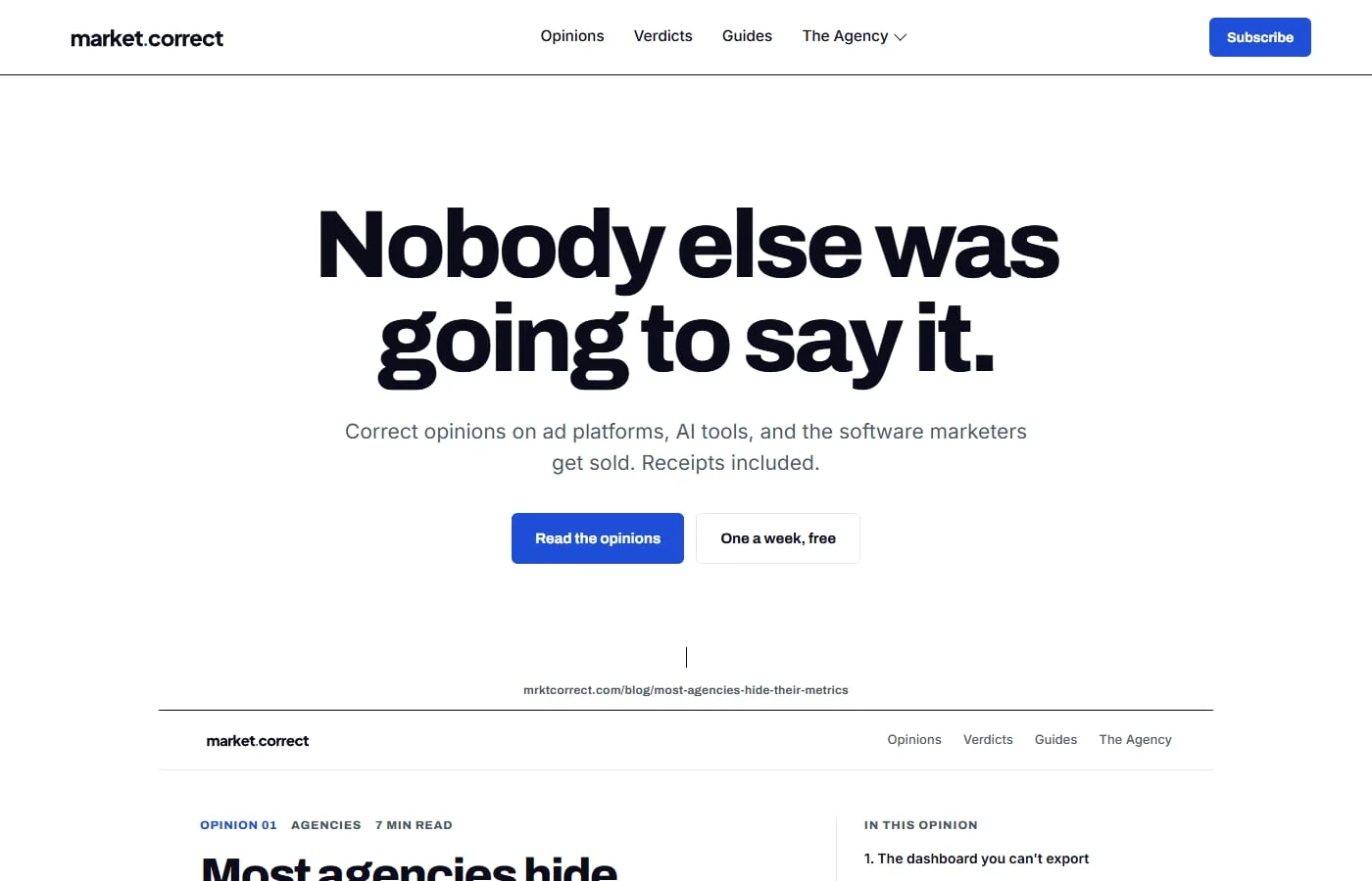 One of the three screenshots the case study uses, showing the mrktcorrect.com homepage hero that reads Nobody else was going to say it